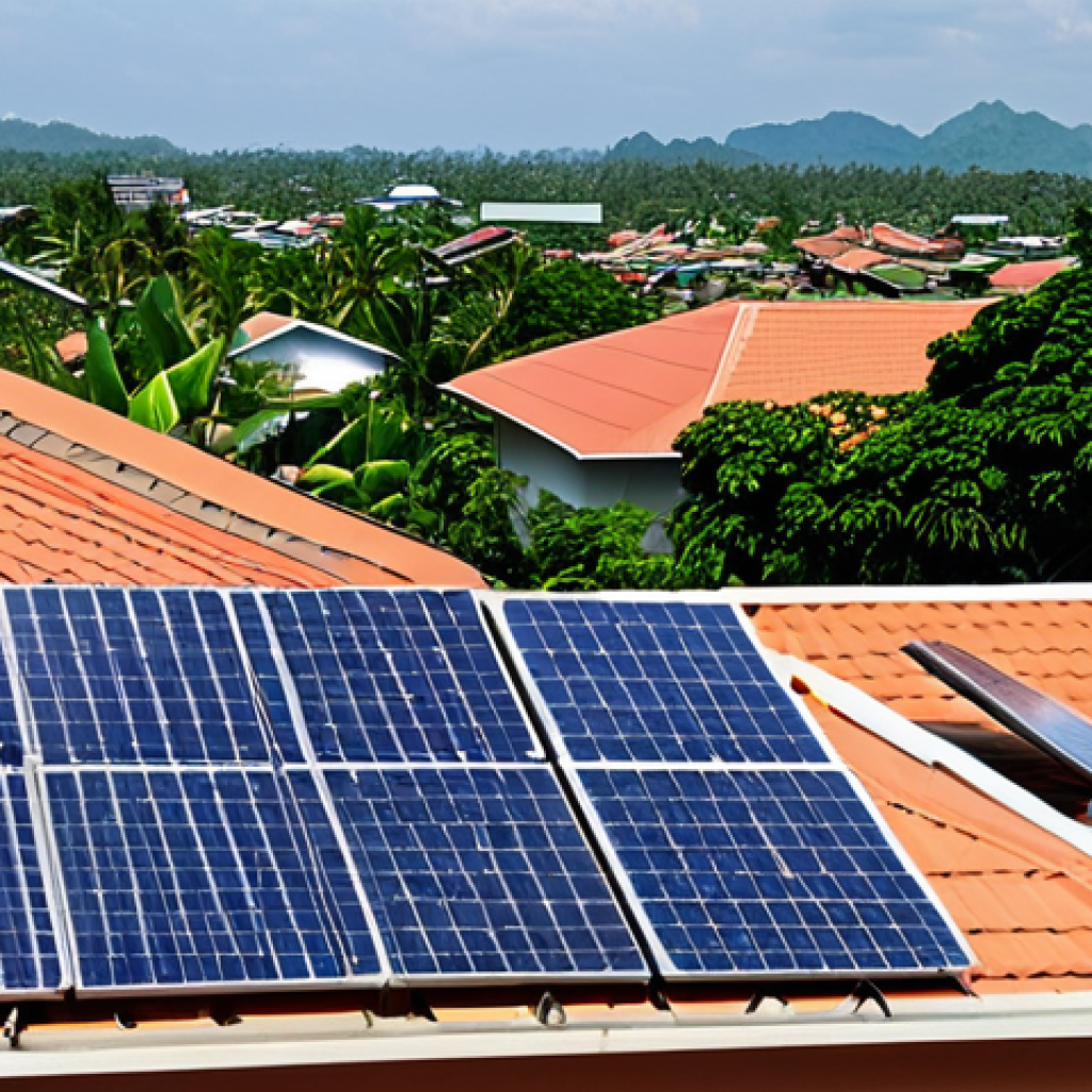 **

Solar panels on a Thai rooftop, generating electricity. Show a sunny day, clean energy, and possibly a household meter displaying reduced energy consumption. Focus on the idea of saving money on electricity bills.

**