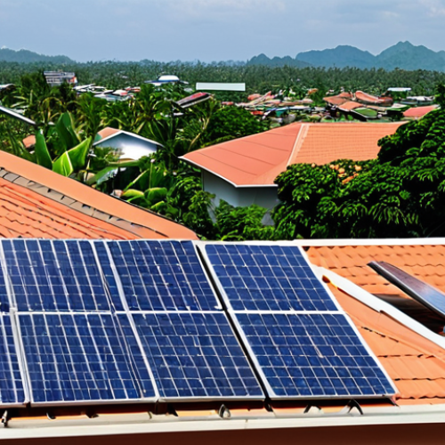 **

Solar panels on a Thai rooftop, generating electricity. Show a sunny day, clean energy, and possibly a household meter displaying reduced energy consumption. Focus on the idea of saving money on electricity bills.

**