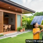Home 12 분산형 에너지 시스템과 기후 변화 대책 - **Prompt:** A heartwarming scene of a modern Thai family enjoying their home powered by clean energy...
