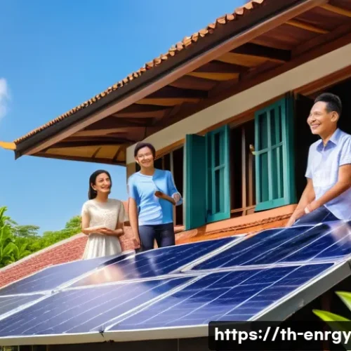 Home 32 분산형 에너지 시스템의 글로벌 정책 비교 - A modern rooftop solar panel installation on a traditional Thai home, with a smiling Thai family in ...