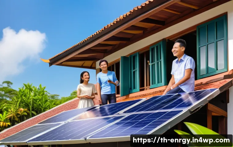 분산형 에너지 시스템의 글로벌 정책 비교 - A modern rooftop solar panel installation on a traditional Thai home, with a smiling Thai family in ...