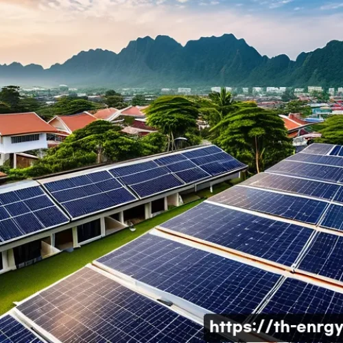 Home 31 분산형 에너지 시스템의 글로벌 시장 동향 - A vibrant Thai suburban neighborhood with modern houses featuring rooftop solar panels under a brigh...
