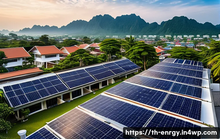 분산형 에너지 시스템의 글로벌 시장 동향 - A vibrant Thai suburban neighborhood with modern houses featuring rooftop solar panels under a brigh...