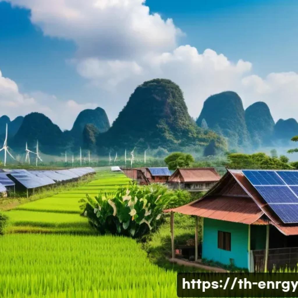 분산형 에너지 시스템의 기술적 혁신과 과제 - A vibrant rural Thai community scene featuring traditional houses with solar panels installed on the...