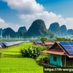 Home 18 분산형 에너지 시스템의 기술적 혁신과 과제 - A vibrant rural Thai community scene featuring traditional houses with solar panels installed on the...