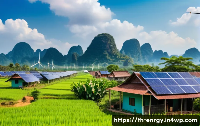 분산형 에너지 시스템의 기술적 혁신과 과제 - A vibrant rural Thai community scene featuring traditional houses with solar panels installed on the...