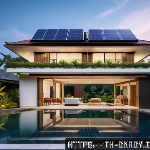 Home 17 분산형 에너지 시스템의 사용자 맞춤형 솔루션 - A modern Thai home integrating renewable energy technology, featuring rooftop solar panels and a sle...