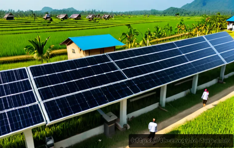 Home 17 분산형 에너지 시스템의 성공적인 구현 사례 - Photorealistic wide-angle view of a successful community solar microgrid in rural Thailand, modest t...