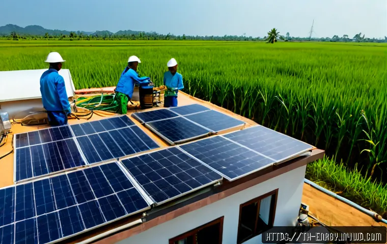 Home 29 분산형 에너지 시스템의 지속 가능성 평가 - Photorealistic wide-angle view of a sustainable decentralized energy system in rural Thailand, rooft...